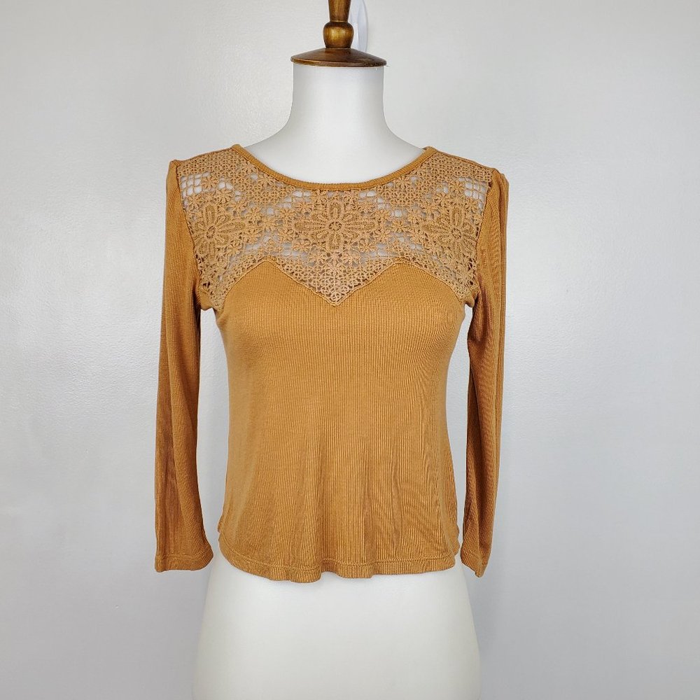 American Eagle Outfitters Brown With Crochet Lace Insert Stretchy Crop Top XS